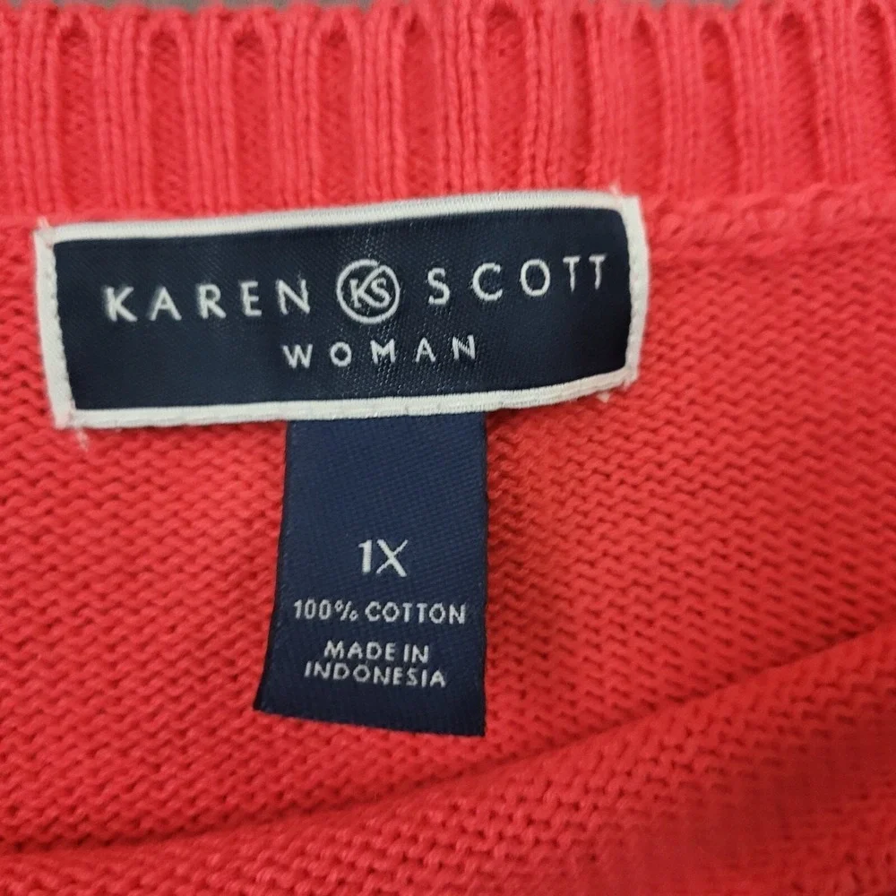 Karen Scott Woman 1X Coral Pink 100% Cotton Boat Neck‎ 3/4 Sleeve Button Sweater